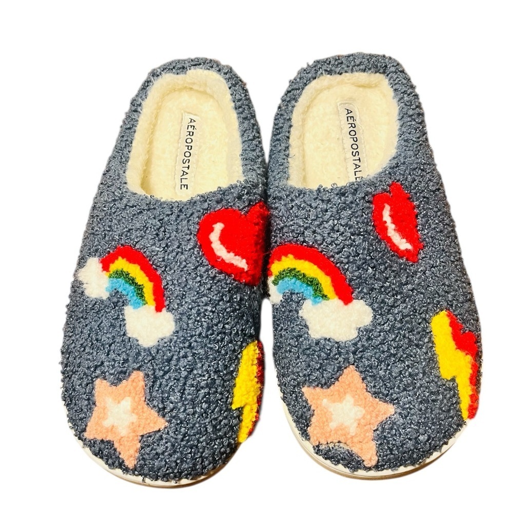 Aeropostale Fuzzy Slippers with Rainbow and Star Design